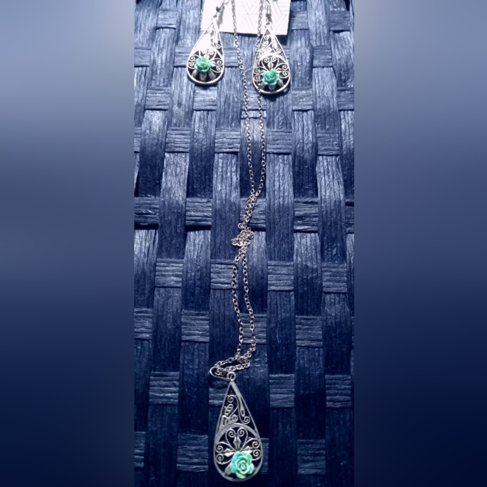Elegant Silver Green Rose Necklace & Earrings Set Design By Me.